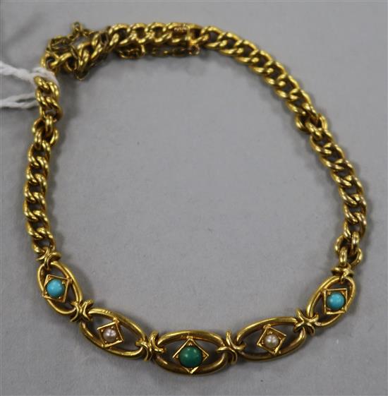 A late Victorian 15ct gold, turquoise and seed pearl set bracelet, gross 6.9 grams.